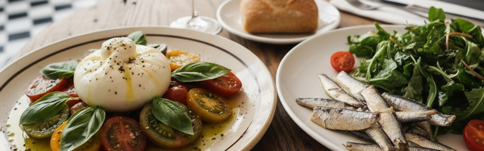 Assiettes de burrata, sardines, tomates, salade